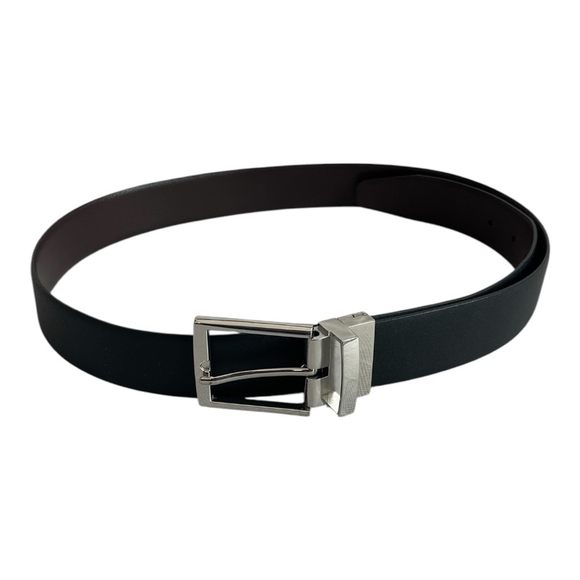 Men’s Belt Reversible Black/Brown Leather Belt Silver Square Buckle Dress Belt - Picture 2 of 5